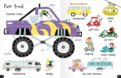 My First 1000 Words example page showing illustrations of monster truck, camper van, Segway, motorhome, go cart – Miles Kelly