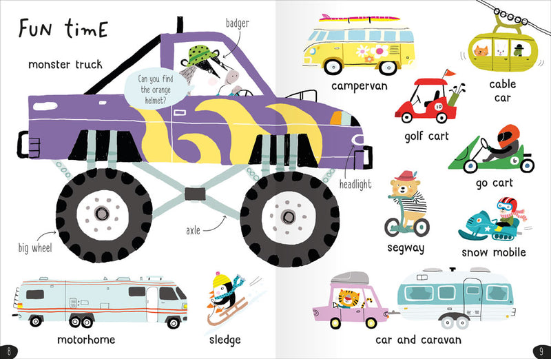 My First 1000 Words example page showing illustrations of monster truck, camper van, Segway, motorhome, go cart – Miles Kelly