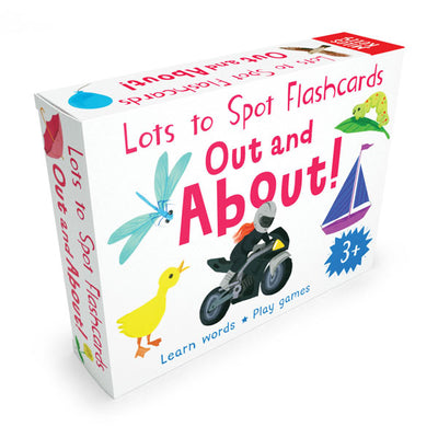 Lots to Spot Flashcards Out and About box showing a motorbike and other kids' illustration, by Miles Kelly