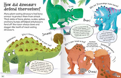 Curious Questions & Answers Dinosaurs & Prehistoric Life sample pages by Miles Kelly. The pages are about defence and the illustrations shows tail clubs, head creasts and horns.