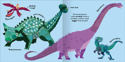 Big Words for Little Experts Dinosaurs sample page by Miles Kelly Children's Books. Illustrations show a Microraptor, Ankylosaurus, Diplodocus and Velociraptor.