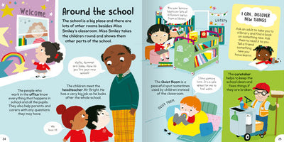 Example page of First Things I Can Do Going to School. It's called Around the School and shows illustrations of the school office, children meeting the headteacher, the school library, and the quiet room.