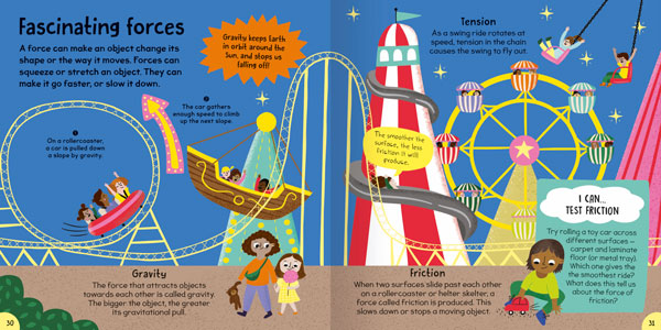 First Science Book example page about Fascinating Forces by Miles Kelly. the illustrated scene shows a fairground and explains Tension, Gravity and Friction.