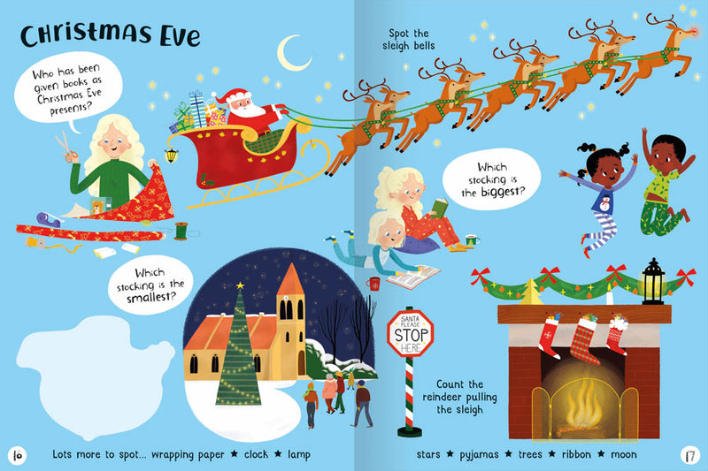 Lots to Spot Christmas Sticker Book by Miles kelly inside page shows illustrations all about Christmas Eve. Children can spot the sleigh bells on Santa&