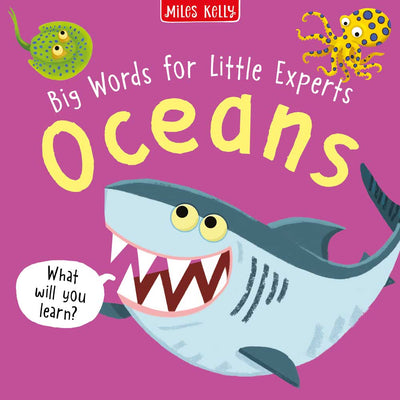 Big Words for Little Experts cover by Miles Kelly Children's Books. The purple cover shows illustrations of a shark, blue-ringed octopus and blue-spotted stingray.
