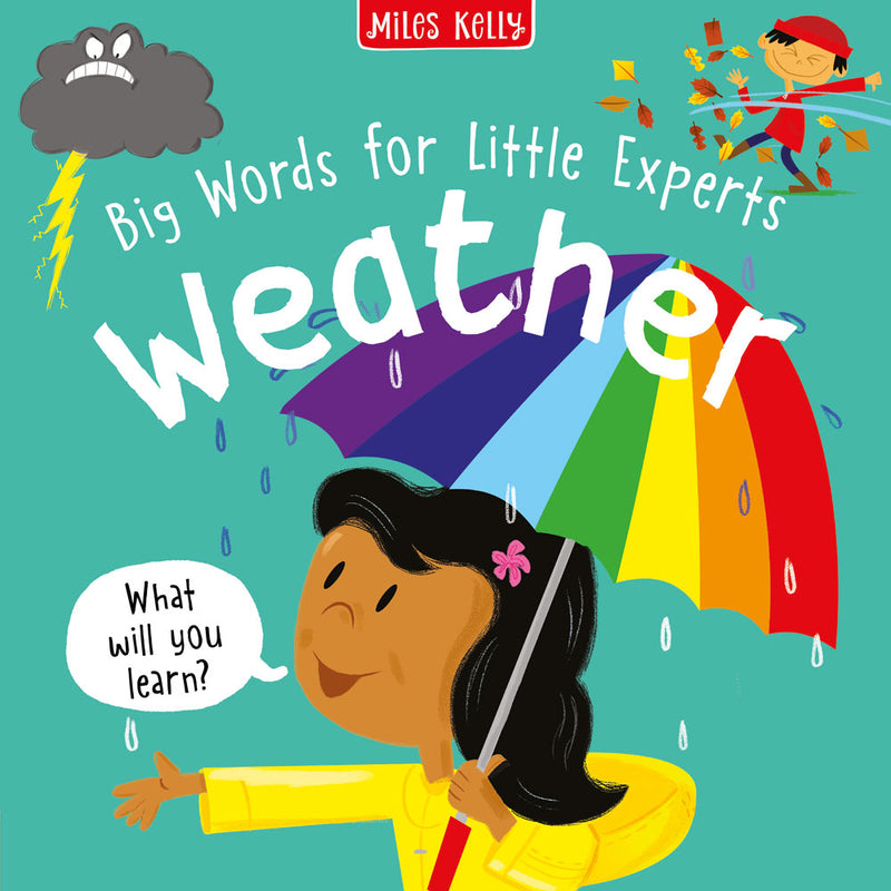 Big Words for Little Experts Weather cover by Miles Kelly. The illustration shows a lightning cloud, a boy with windy leaves, and a girl holding an umbrella in the rain.