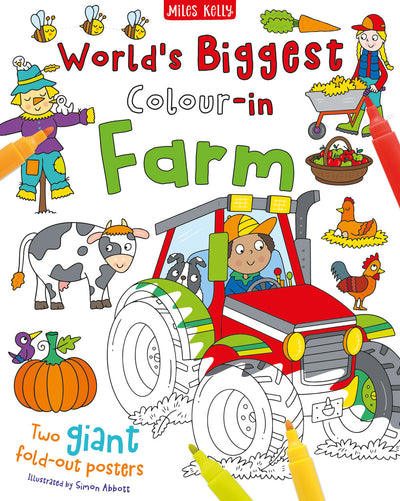 World's Biggest Colour-in Farm poster pack cover by Miles Kelly. Show partly covered in tractor, pumpkin, cow, scarecrow, wheelbarrow, chicken.
