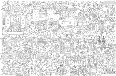 World's Biggest Colour-in Farm poster by Miles Kelly. Shows black and white line drawing around a farm, including farmhouses, barns, tractors and animals.