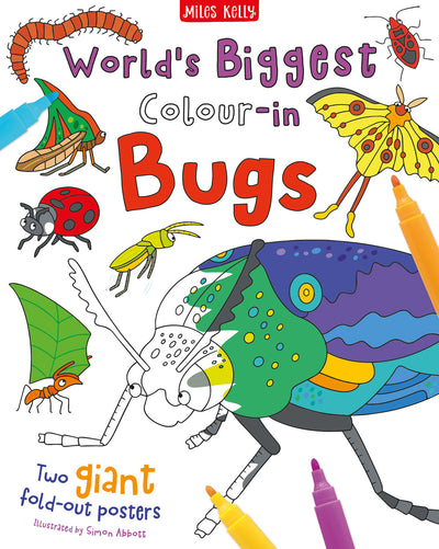 World's Biggest Colour-in Bugs poster pack cover by Miles Kelly. The cover shows partly coloured in beetles, ant, ladybird, butterfly, centipede.