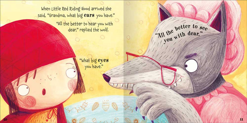 Tales for Bedtime sample page by Miles Kelly. Shows Little Red Riding Hood talking to a Wolf dressed up as a Grandma, in a nightdress, hat and glasses.