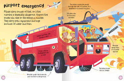First Book of Vehicles sample page by Miles Kelly. Shows an illustration of an airport fire engine putting out a fire on an aeroplane.