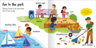 Wonderful Words Out and About sample page by Miles Kelly. Illustrations are realted to Fun in the Park - boating lake, bench, sandpit, park keeper.