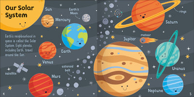 Wonderful Words Space sample page by Miles Kelly. Illustrations are about the Solar System and include the Sun, Earth, Mars, satellite, Jupiter, meteor and more.