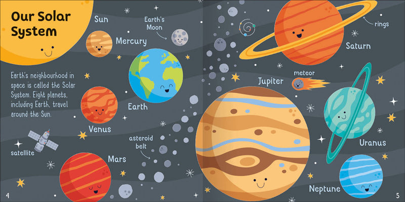 Wonderful Words Space sample page by Miles Kelly. Illustrations are about the Solar System and include the Sun, Earth, Mars, satellite, Jupiter, meteor and more.