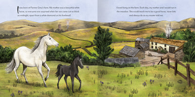 Picture Book Classics Black Beauty sample page by Miles kelly. Shows an illustration of a white horse and black foal in a field, with more fields and a farmhouse in the background.
