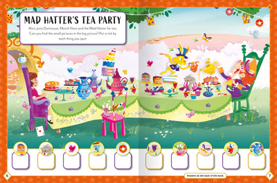 ALice in Wonderland Sticker Activity Book sample page by Miles Kelly. The activity is based around the mad hatter's tea party.
