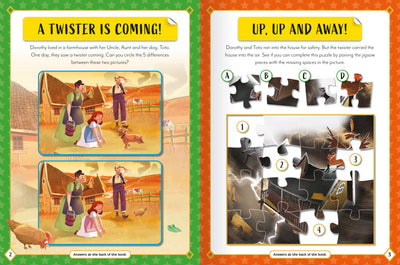 The Wizard of Oz Sticker Activity Book sample page by Miles Kelly. The activities are spot the difference, and match the puzzle pieces.