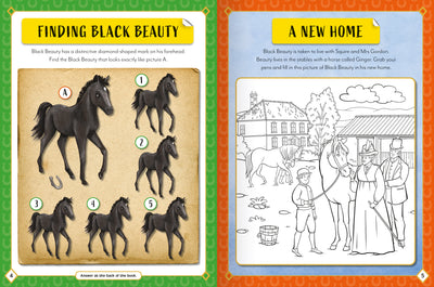 Black Beauty Sticker Activity Book sample page by Miles Kelly. The activities show spot the difference and colouring.
