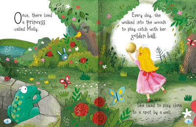 Magical Fairy Tales sample page by Miles Kelly Children's Books. The page shows an illustration of a princess playing with a golden ball. A frog is watching her from a well.