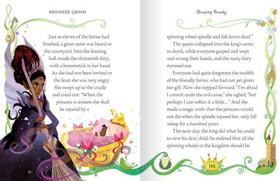 A Fairy Tale Treasury sample page by Miles Kelly Children's Books. The page shows the evil fairy from Sleeping Beauty.