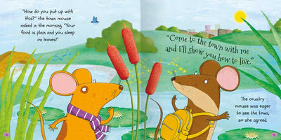 Animal Adventures picture book sample pages by Miles Kelly Children's Books. The sample page shows an illustration of two mice in the countryside, with a town in the background. From The Town Mouse and the Country Mouse story.