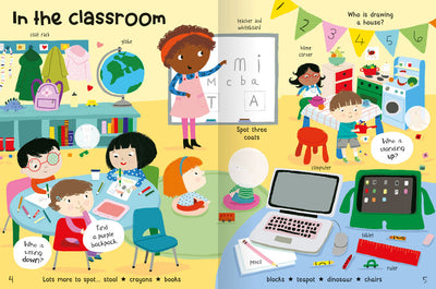 School Sticker Book sample page by Miles Kelly Children's Books. Spread is called In the Classroom and shows illustrations of a coat rack, globe, teacher and whiteboard, computer and pencil.