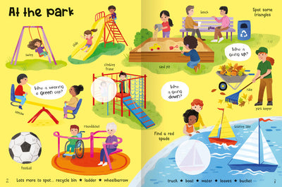 Out and About Sticker Book inside pages by Miles Kelly Children's Books. The page is about being 'At the Park' and shows a swing, slide, climbing frame, seesaw, football, roundabout, sand pit, bench, park keeper and boating lake.