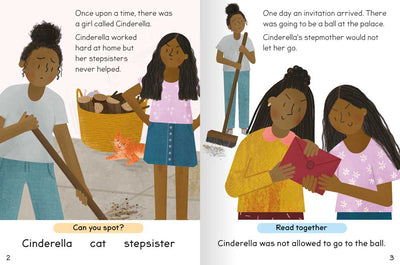 Reading with Fairytales: Cinderella book sample pages by Miles Kelly Children's Books. The illustrated page shows Cinderella working hard with no help from her stepsisters, who then receive an invitation to a party. Cinderella looks sad.