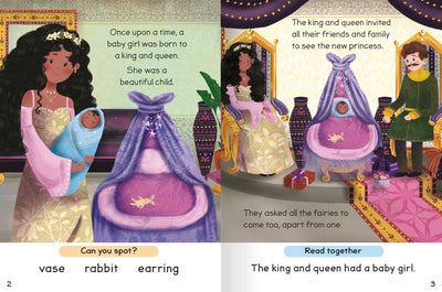 Readwith with Fairytales: Sleeping Beauty sample pages by Miles Kelly Children's Books. The illustrated pages show a king and queen sitting in thrones, with their new baby girl in a cradle between them.