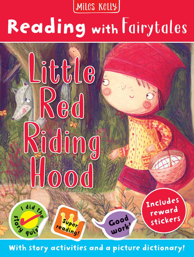 Reading with Fairytales: Little Red Riding Hood cover by Miles Kelly Children's Books. The illustrated cover shows a girl wearing a red cloak walking through the woods. A wolf can be seen hiding behind a tree.