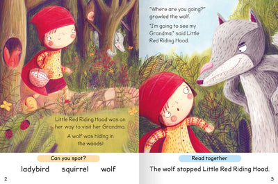Reading with Fairytales: Little Red Riding Hood sample pages by Miles Kelly Children's Books. The illustrations show Little Red Riding Hood walking through the woods with a basket. A wolf stops her asks where she is going. The wolf is licking his lips.