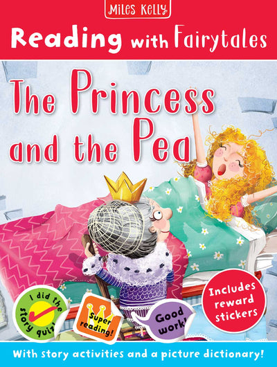 Reading with Fairytales: The Princess and the Pea cover by Miles Kelly Children's Books. The illustrated cover shows a girl waking up in a bed, with the queen standing nearby.