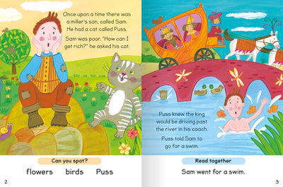 Reading with Fairytales: Puss in Boots sample pages by Miles Kelly Children's Books. The illustrations show the miller's son talking to his cat about wanting to get rich. The cat tells him to go for a swim just as the king is driving past.