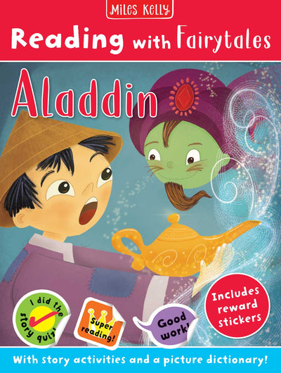 Reading with Fairytales: Aladdin cover by Miles Kelly Children's Books. The illustration shows Aladdin holding a golden lamp, with a friendly genie whooshing out of its spout.