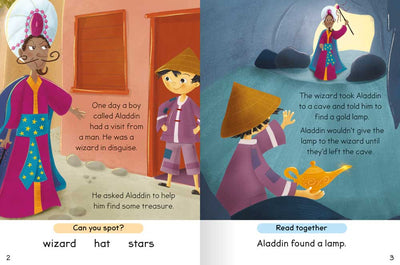 Reading with Fairytales: Aladdin sample pages by Miles Kelly Children's Books. The illustrated pages show Aladdin talking to an evil-looking wizard who asks him to help him find a golden lamp.