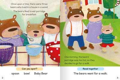 Reading with Fairytales: Goldilocks and the Three Bears inside pages by Miles Kelly Children's Books. The illustrated pages show the Bears in their home eating porridge, before going for a walk.