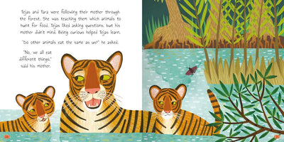 Down in the Jungle book sample page by Miles Kelly Children's Books. The page is from The Curious Tiger, showing an adult tiger and two cubs in the water.