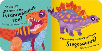 Spot and Do: Dinosaurs book sample pages by Miles Kelly Children's Books. The pages show a T Rex - where are the teeth of the Tyrannosaurus rex - and a Stegosaurus - can you see the back plates on Stegosaurus.