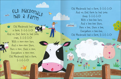 Inside spread of 100 Nursery Rhymes book for toddlers – Old Macdonald had a Farm rhyme. Illustration of cows and sheep – Miles Kelly