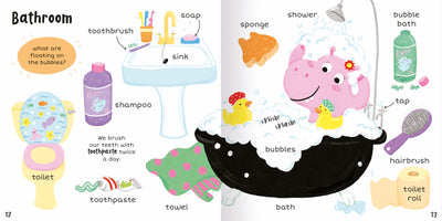 Image shows two facing pages from inside 100+ First Words Home. The spread is titled Bathroom and shows a colourful toilet, a sink, a shampoo bottle, toothpaste, a sink with toothbrushes and soap, a sponge, a shower, a hairbrush, a toilet roll and a hippo in bubble bath with rubber ducks.