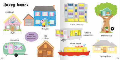 Image shows two facing pages from inside 100+ First Words Home. The spread is titled Happy Homes and shows a little mouse in a cottage, a caravan with pig inside, a house with a hippo outside the front door, a log cabin, apartments, a static caravan with a sheep, a river boat, a treehouse with a lion and alligator and a bungalow.