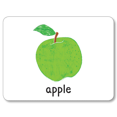 An image of a flashcard from Miles Kelly's Lots to Spot Flashcards My Food! set. The flashcard is white and features an illustration of a green apple alongside the word "apple".