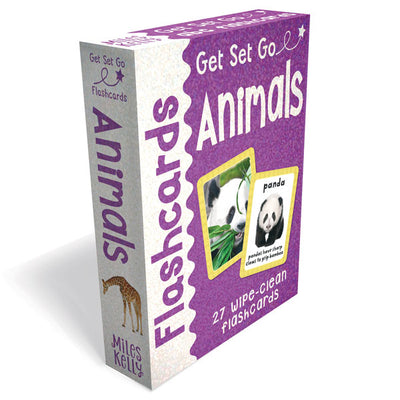 A packshot image of Miles Kelly's Get Set Go Animals Flashcards set. The box is bright purple with a sparkly effect. The box shows two images of animal flashcards featuring an image of a panda and a description of a "panda" to help children learn about animals.
