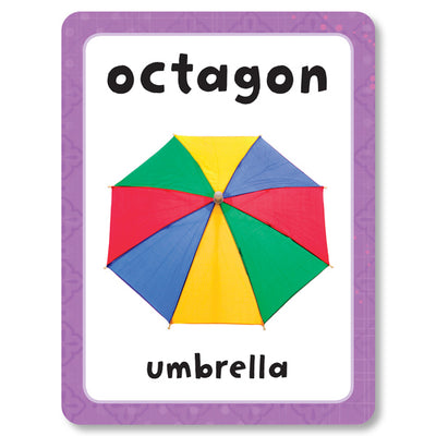 An image of a shape flashcard from Miles Kelly's Get Set Go Colours and Shapes Flashcards set. The card shows an "octagon" with an image of an umbrella alongside the word umbrella to help children learn shapes.