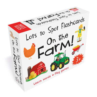 A packshot image of Miles Kelly's Lots to Spot Flashcars On the Farm! set. The box is white and features illustrations of farmyard animals and objects.