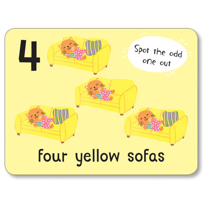 A flashcard from Miles Kelly's Lots to Spot Flashcards At Home! set. The flashcard is yellow and features the number "4" and illustrations of "four yellow sofas".
