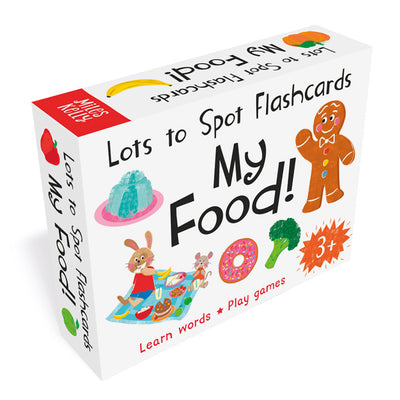 A packshot image of Miles Kelly's Lots to Spot Flashcards My Food! set. The box is white and features illustrations of a bunny and mouse having a picnic and lots of different foods.