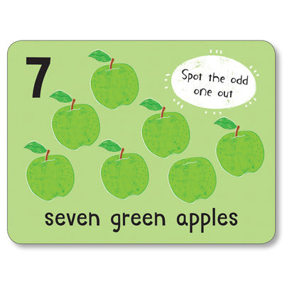An image of a flashcard from Miles Kelly's Lots to Spot Flashcards My Food! set. The flashcard is green and features the number "7" and illustrations of "seven green apples". There is a spotting activity for children to enjoy. 