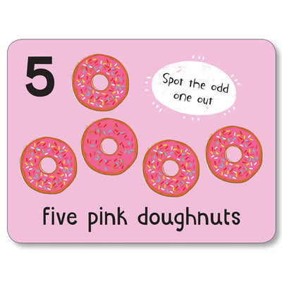 An image of a flashcard from Miles Kelly's Lots to Spot Flashcards My Food! set. The flashcard is pink and features the number "5" and illustrations of "five pink doughnuts". There is a spotting activity for children to enjoy. 