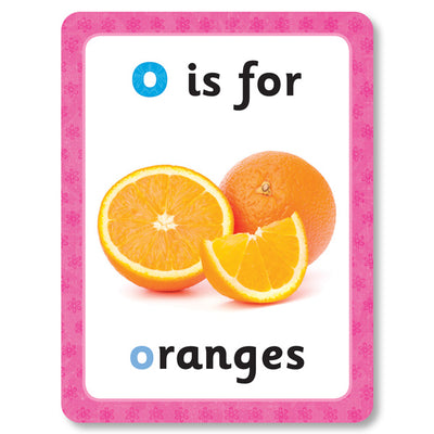 An image of a letter flashcard from Miles Kelly's Get Set Go Letters Flashcards set. The card shows "o is for oranges" alongside an image of oranges to help children learn letters.